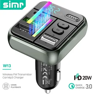 simr Wireless Handsfree Call FM Transmitter Car MP3 QC3.0+PD USB Quick Car Charger Audio Receiver Adapter For Car, Wireless FM Radio Transmitter, Wireless 5.3 MP3 Music Player [Type-C] Car Charger Colors LED Backlit simr W13 In Car Charger