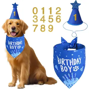 Dog Birthday Party Supplies Blue Dog Birthday Set with Hat Bandana Numbers for Large Medium Boy Pets Puppy