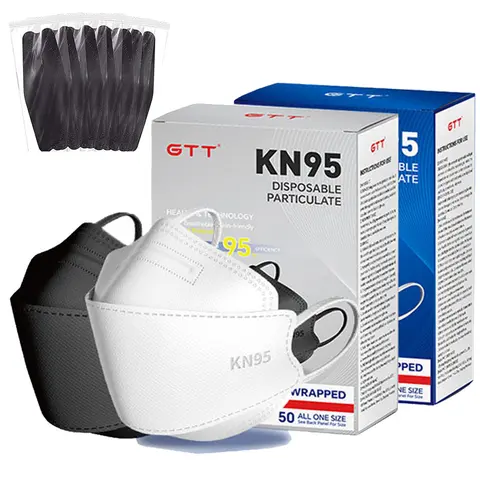 GTT Adults' Disposable KN95 Protective Medical Masks, Universal Size, 4-Layer Non-Woven Pull-On Design, 95% PFE/M2.5 Filter Filtration, Hypoallergenic, Individually Wrapped, 50-200 Pcs, Office Use, Free Bandages Included
