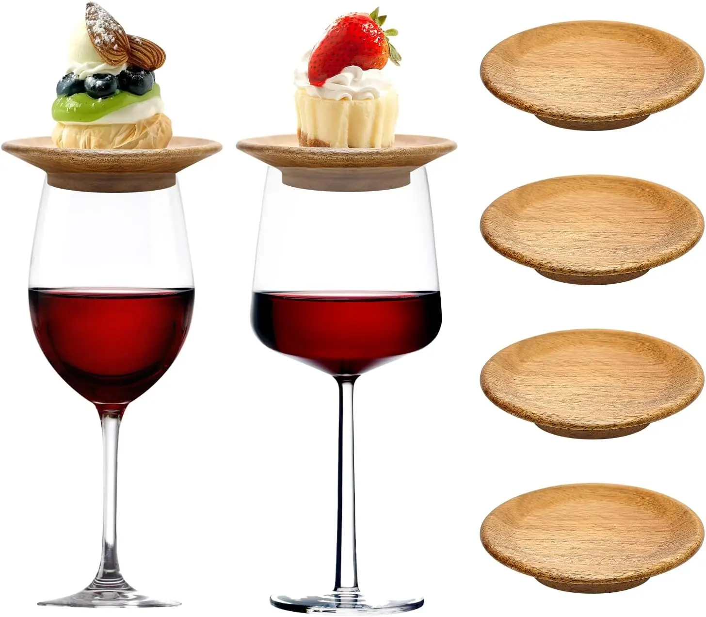 4 count Acacia Wooden  Glass Charcuterie Topper Set Drink  Cup Covers   Coaster Glass Toppers Charcuterie Appetizer Plates for Glasses Topper Mini Wooden Charcuterie Board Accessories