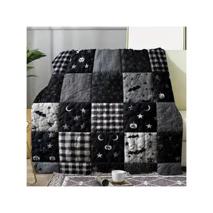 Cozy Halloween Patchwork Quilt with Spooky Bats, Pumpkins & Monochrome Plaid Patterns
