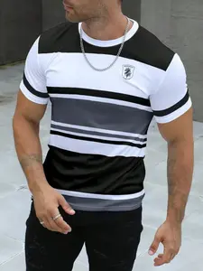 Men's Round Neck Short Sleeve Striped Casual Streetwear Top, Minimalist Style, All over Print, Fitted Long Clothing, Daily Wear