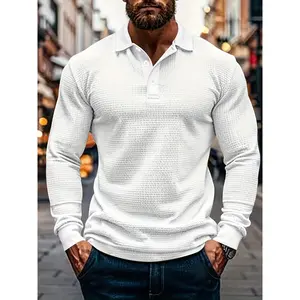 Men'S Casual Knit Polyester Long Sleeve Polo Shirt, Solid Color Lapel Collar, Slight Stretch Fabric, Regular Fit, Spring/Fall Weekend Casual Top