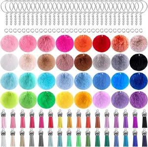 160 piece plush ball keychain set, artificial plush ball keychain accessories, including 32 plush balls, 32 keychains, 32 tassels, and 64 jump rings DIY plush ball keychain set gift