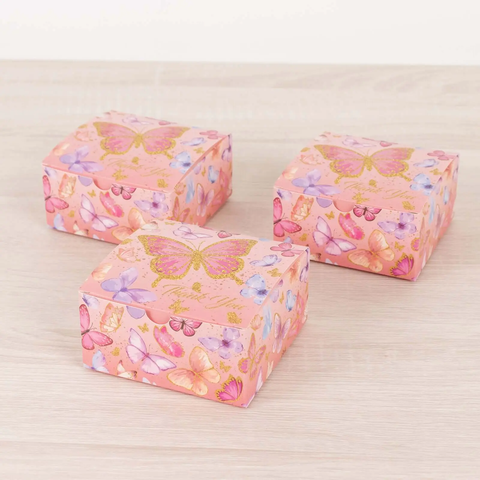 25 Pack Pink Butterfly Themed Candy Gift Boxes with "Thank You" Print, Cardstock Paper Party Favor Boxes - 4"x4"x2", Party Packs, Cardboard Gift Box