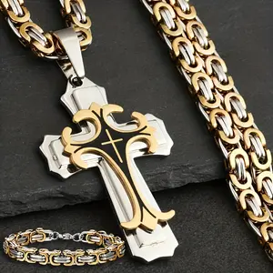 Men's Vintage Flat Handmade Necklace+Bracelet, With Multilayer Golden Black Stainless Steel Cross Pendant Necklace Bracelet Jewelry Set