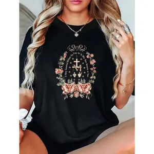 100% Cotton Unisex Marian Catholic Virgin Mary Floral Cross Religious T-Shirt – Soft Touch, 2026 Round Neck Short Sleeve T-Shirt