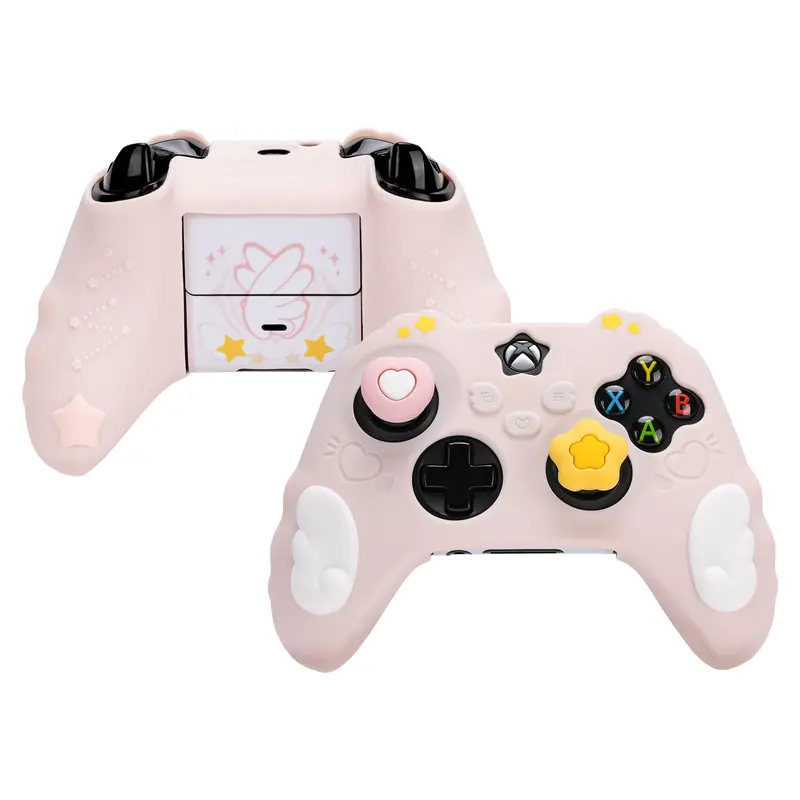 GeekShare Pink Star Wings Xbox Series X Controller Grip Cover Set - 3 Pieces Protection Kit (1 Silicone Controller Skin, 2 Thumb Grip Caps, 2 Custom Stickers), Cooling Wings Game Peripherals for Enhanced Gaming Experience (Skin+Sticker Included)