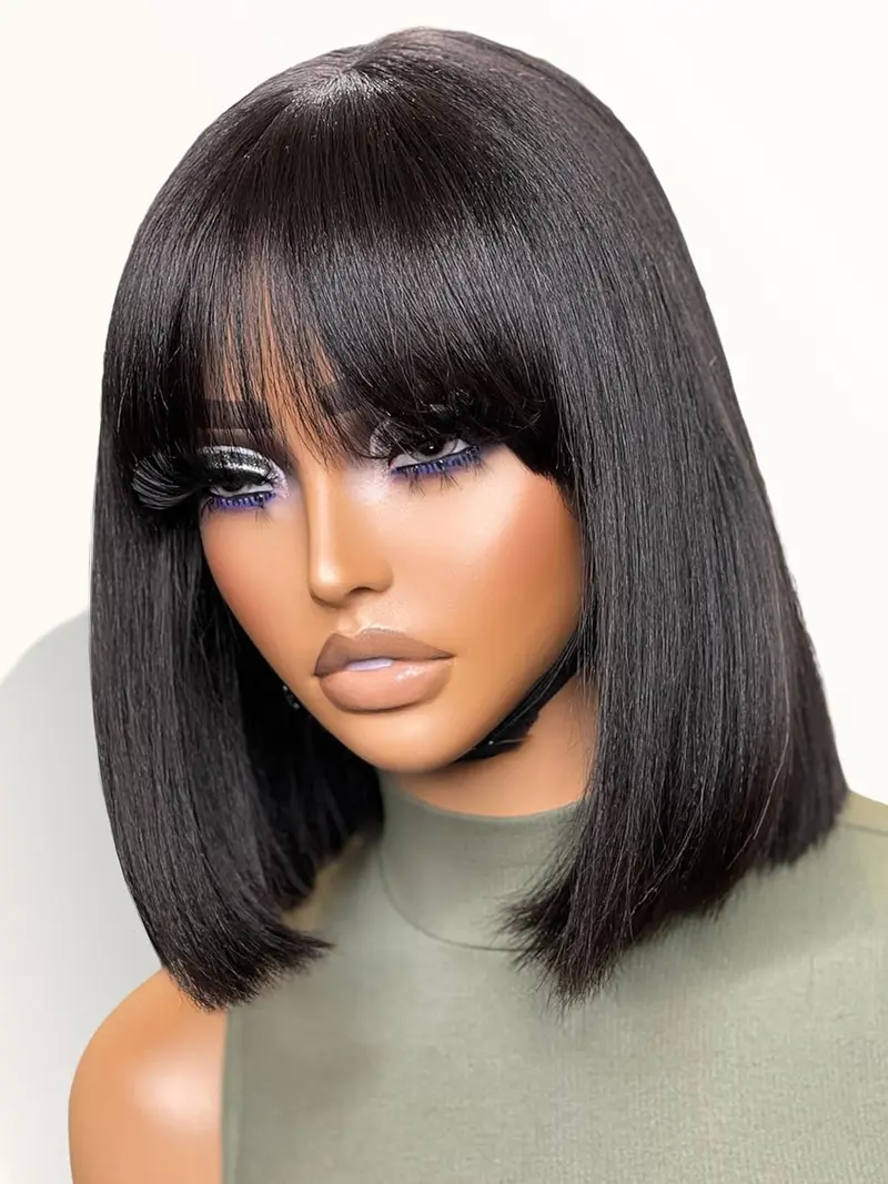 10 Inch Light Yaki Straight Bob Wig with Bangs Human Hair Realistic HD Lace Short Black Bob Wigs, Ready to Go Blunt Cut Bob Wig Glueless 180 Density
