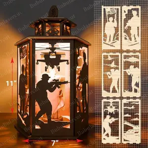 2LabzCreations U.S. Soldier Wooden Candle Holder & Lamp Light Lantern Handcrafted from 3mm Basswood with Laser Cut Silhouette Design 11" x 7" x 7" Perfect Gift for Veterans Decor