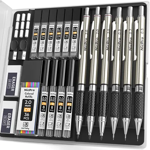 Nicpro Multi-Size Metal Mechanical Pencil Set - Office Stationery, Artist Quality Art Pencils for Sketching, Drawing Supplies with 0.5/0.7/0.9/2mm Lead Refills (4B/2B/HB/2H), 3 Erasers, 6 HB Lead Refills, Student Drafting Tool