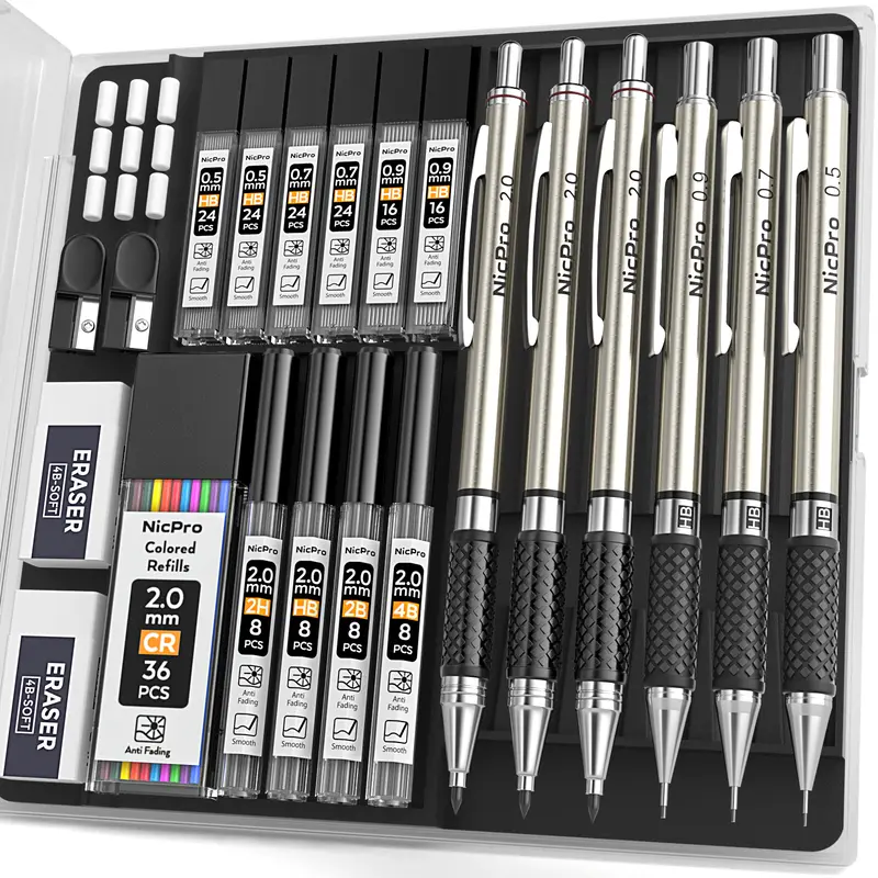 Nicpro Multi-Size Metal Mechanical Pencil Set - Office Stationery, Artist Quality Art Pencils for Sketching, Drawing Supplies with 0.5/0.7/0.9/2mm Lead Refills (4B/2B/HB/2H), 3 Erasers, 6 HB Lead Refills, Student Drafting Tool