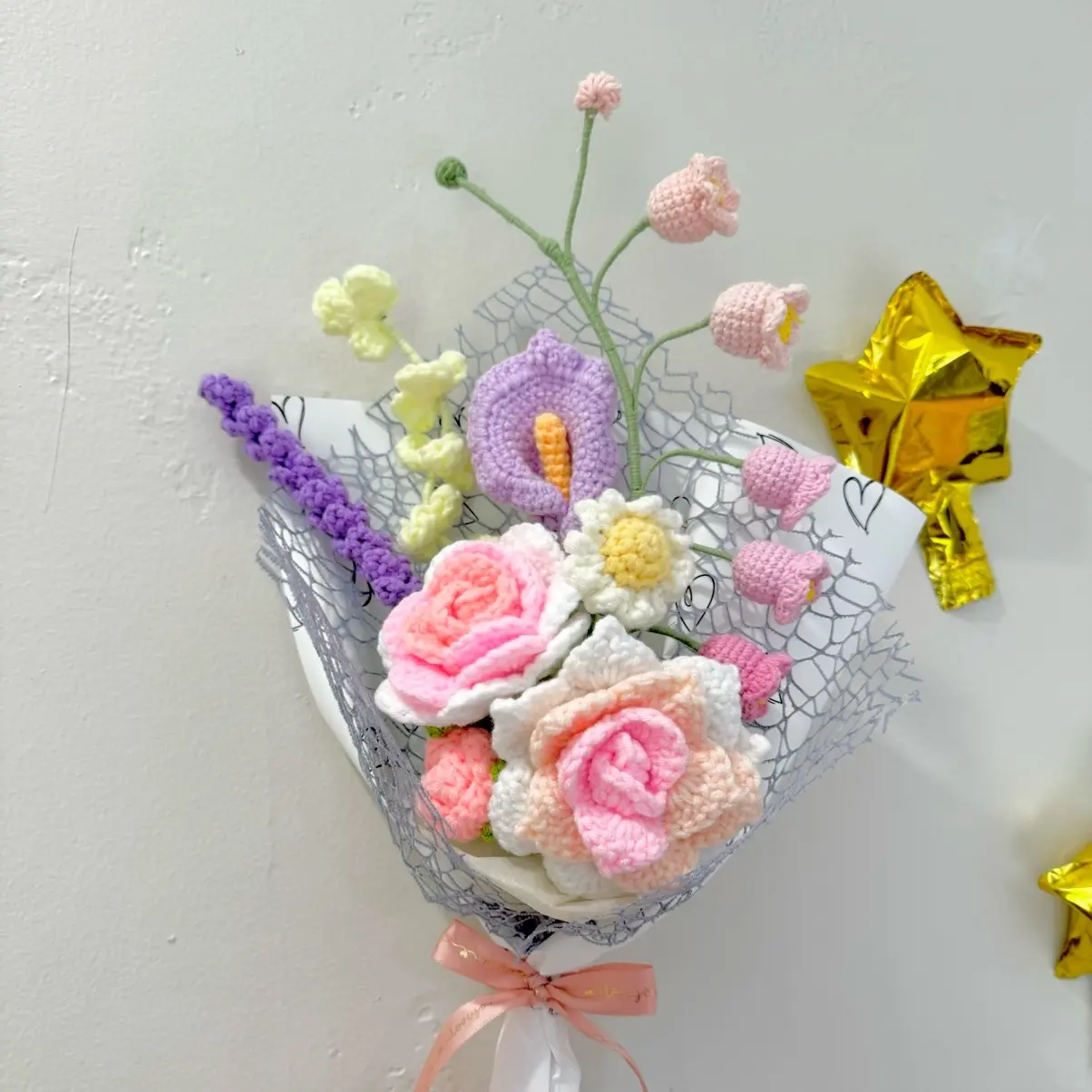 Crochet Flower Bouquet Pink Roses, Daisy, Lily of the valley, lavender, Calla Lily, Gift Durable Decoration Colorful