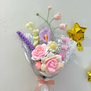 Crochet Flower Bouquet Pink Roses, Daisy, Lily of the valley, lavender, Calla Lily, Gift Durable Decoration Colorful