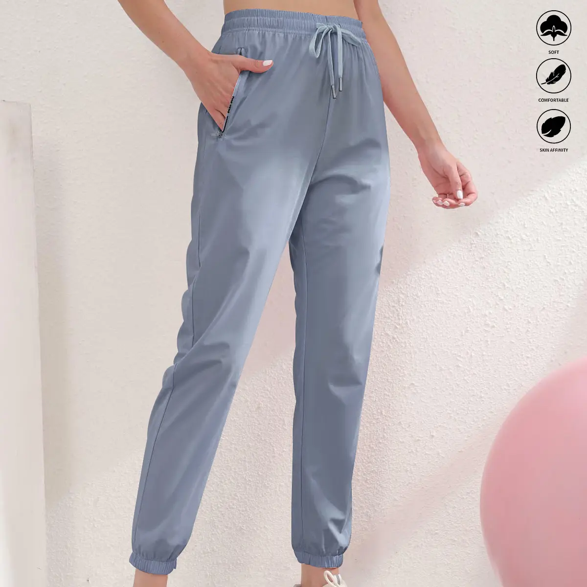 Women's Summer Drawstring Workout Joggers - Cool-Feel Elastic Cuffed Sports Pants with Zippered Pockets, Comfortable Trousers for Running, Gym, Drawstring Joggers, Workout Jogger