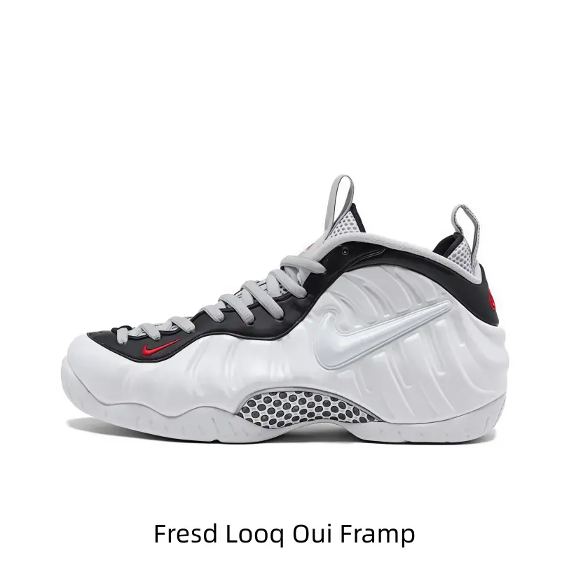 Clean white glossy running shoes with black collar and tiny red accents, timeless colorway matches every vintage casual street outfit