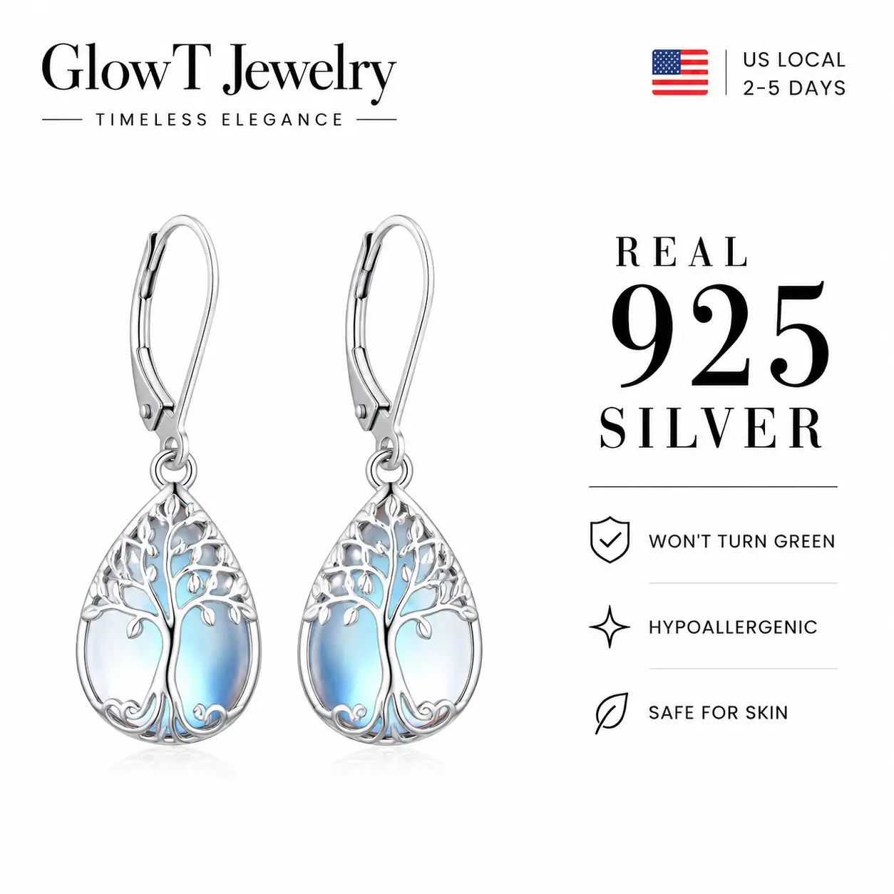 925 Sterling Silver Tree of Life Moonstone Earrings | Hypoallergenic Spiritual Jewelry for Sensitive Skin Gothic Witchy Jewelry for Rituals