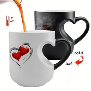 Thermosensitive Ceramic Mug with Heart-Shaped Handle - 11oz / 330ml, Color-Changing Coffee Cup from Hot to Cold, Funny Mug, Reusable & Non-Slip, Perfect Gift for Mother's Day or Festivals, Suitable for All Beverages