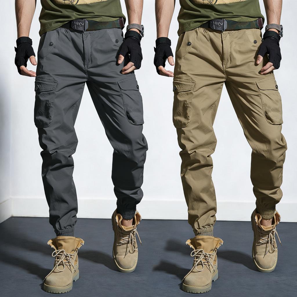 Two-pack: woven plain fabric and solid-color men’s cargo pants featuring an elastic waistband with drawstring, a loose straight tapered fit, multiple pockets including large pockets—ideal for everyday casual wear and work, perfect for cargo outfits and ou
