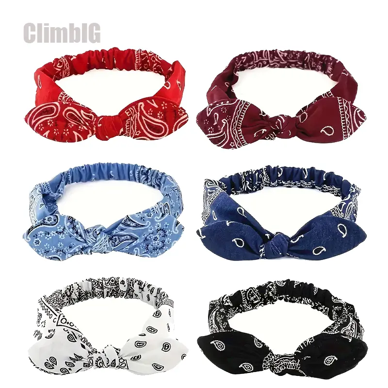 6 Pack Women Girls Elastic Paisley Print Knot Bow Headbands | HairTok CoquetteTok Y2KTok VintageTok Stretchy Rabbit Ear Turban Headwraps Hair Band | for Daily Wear Party Festival Beach Vacation