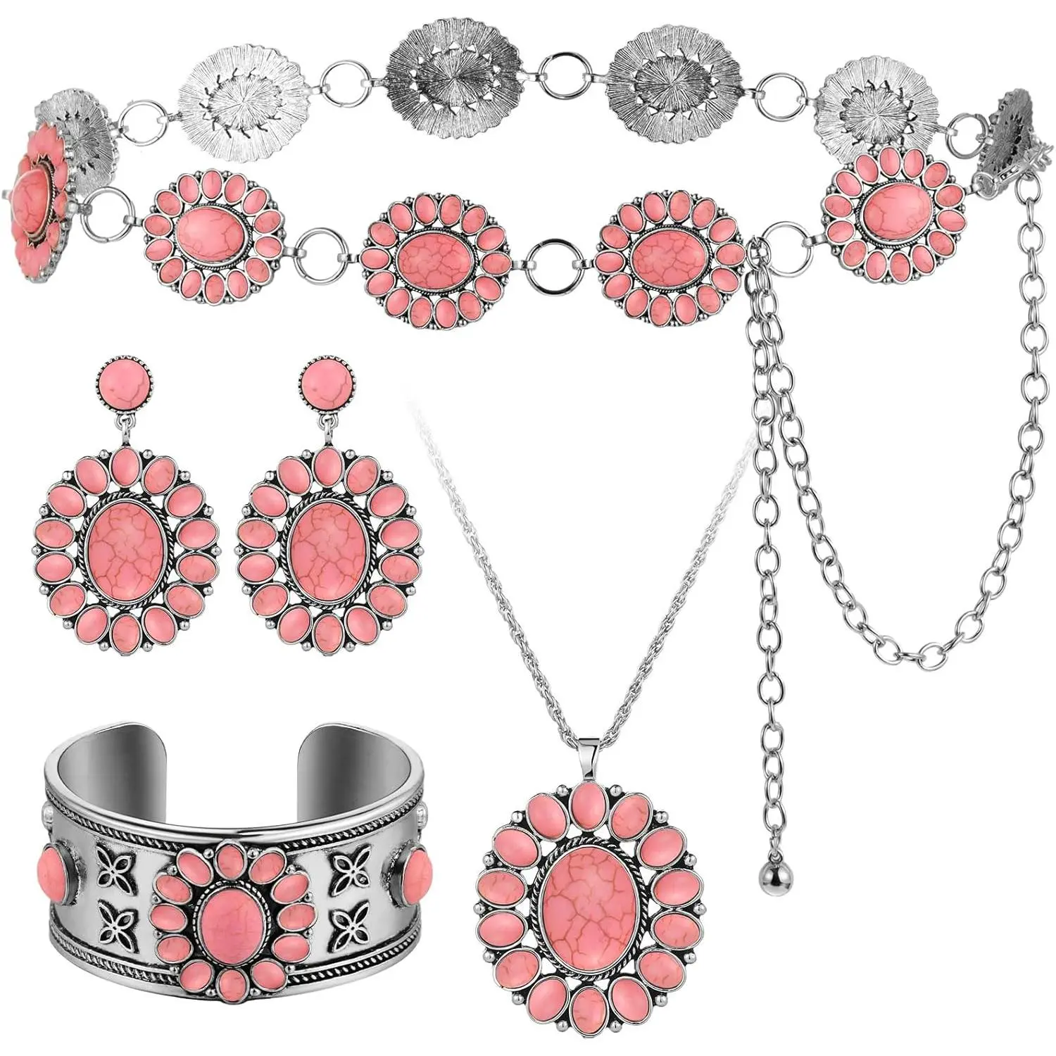 4 Pcs Western Turquoise Jewelry Set for Women Turquoise Concho Jewelry Set Flower Turquoise Necklace Turquoise Earrings Cuff Bracelet Concho Chain Belt for Dresses