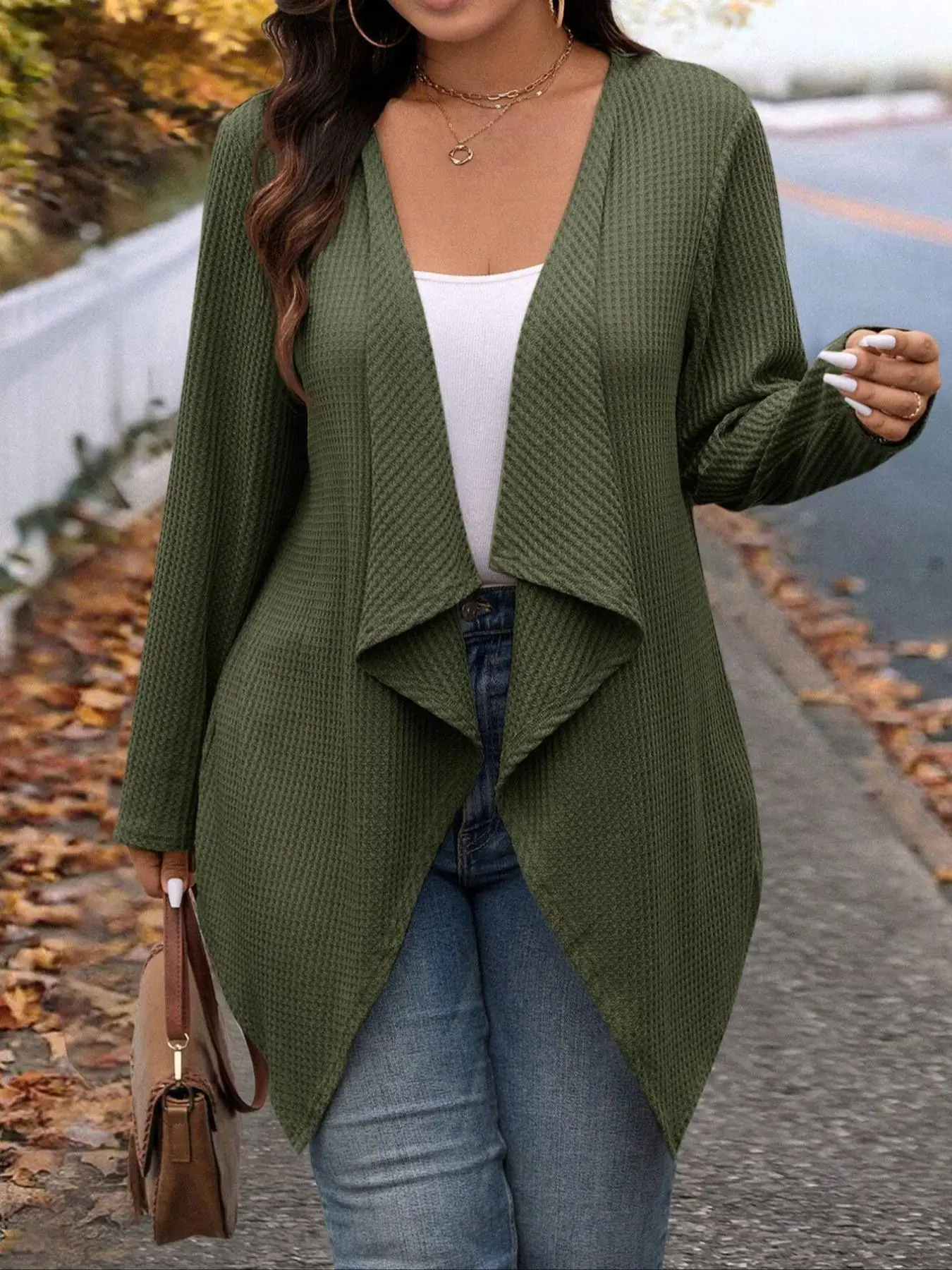 【Plus Size】 Asymmetrical Hem Open Front Cardigan, Casual Long Sleeve Outerwear for Work & Outings, Women's Islamic Clothing for Autumn & Winter