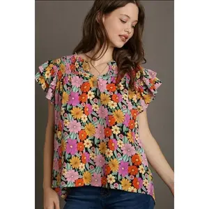 Umgee Full Size Floral Printed Smocked Top Plus Size