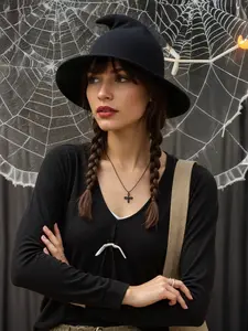 Halloween Witch Hat for Women, Pointed Top Wide Brim Knit Beanie, Casual Style Fisherman Cap, Unique Design