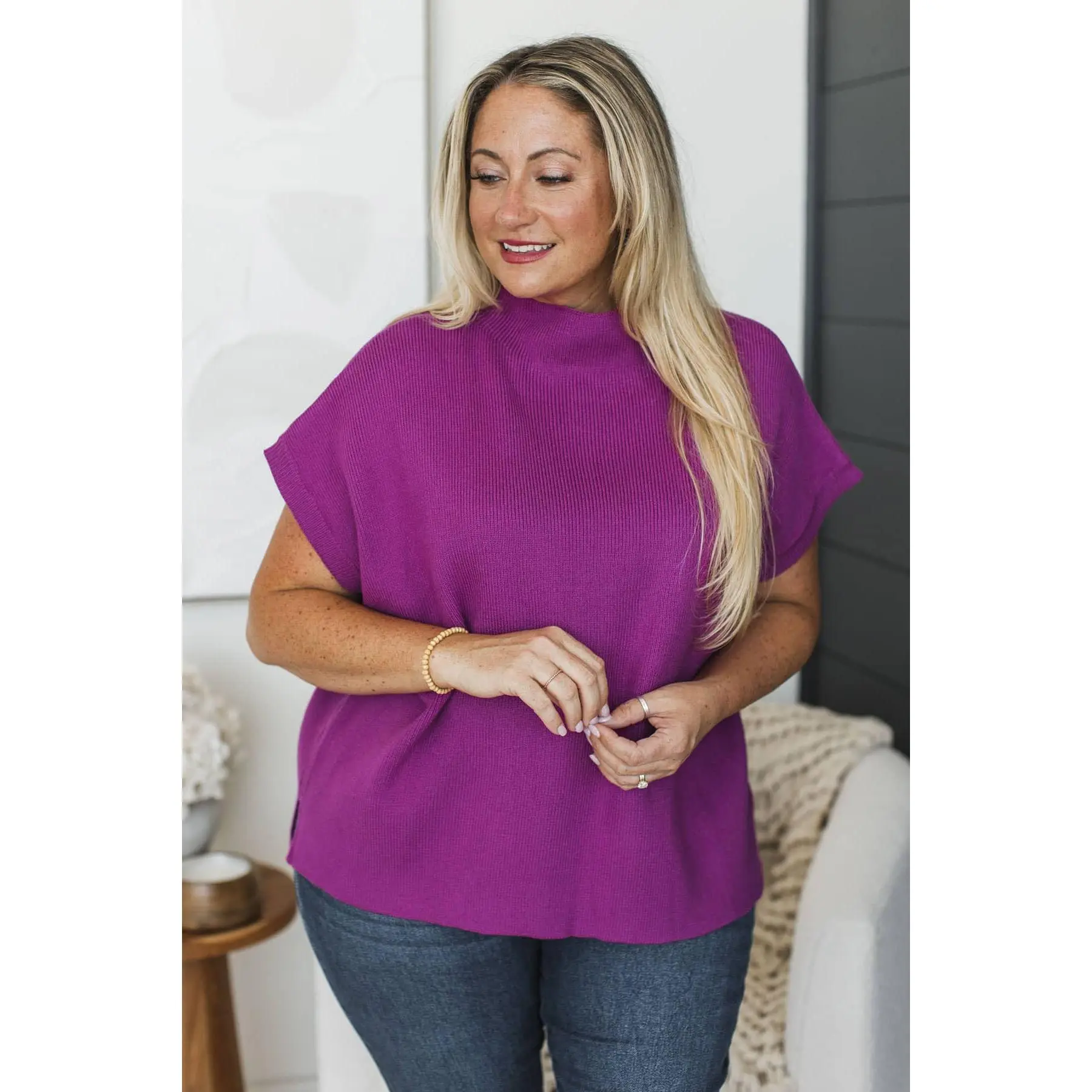 Women's Short-Sleeves Knit Sweater Top, Magenta, Knitwear Fabric, Flattering Fit