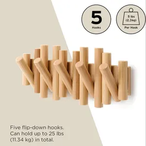 Wooden Wall Coat Rack with 5 Flip-Down Hooks - Solid Wood Artwork Organizer, Modern Stick Multi Rack for Coats, Bags, Hats, Umbrellas, Khaki Decor
