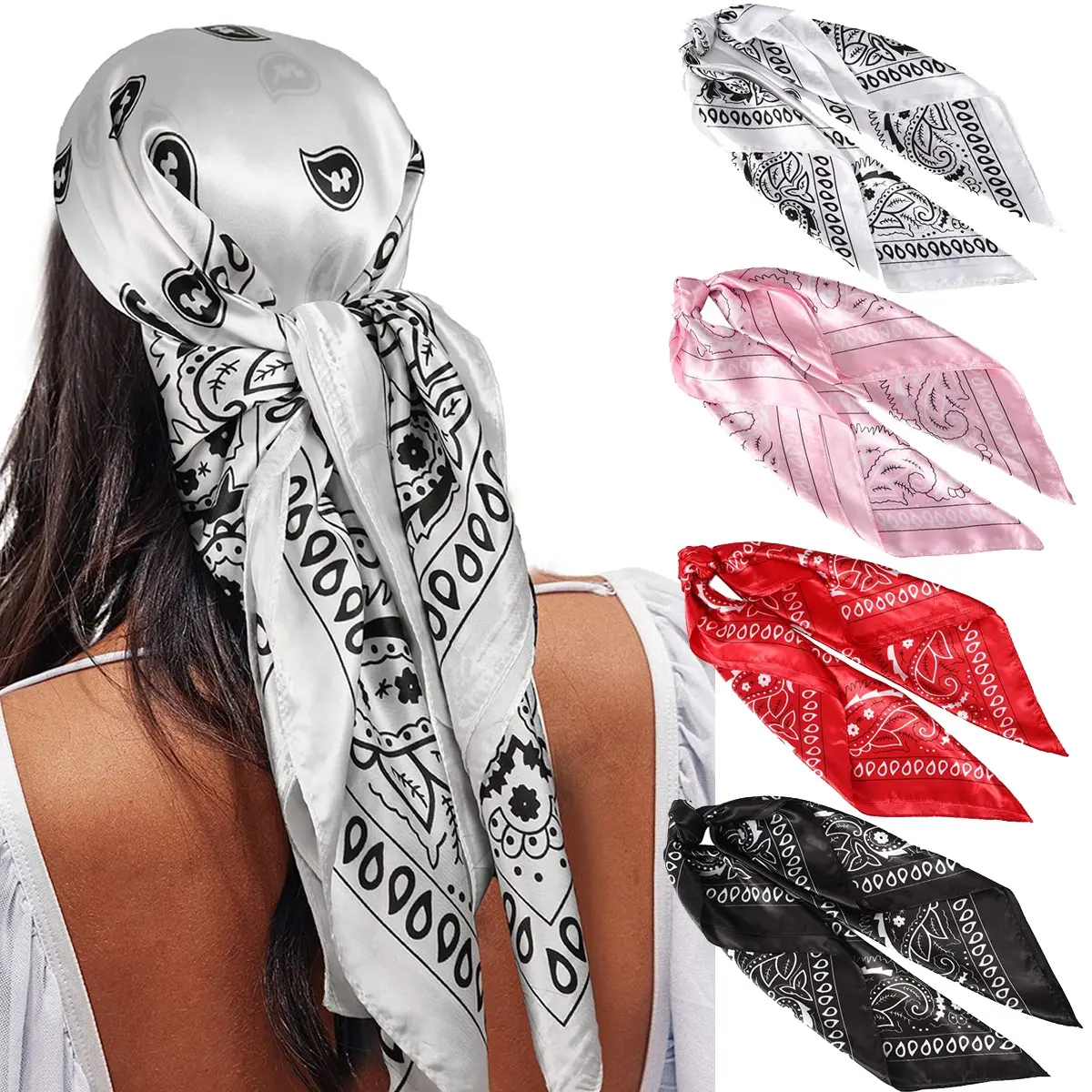 Women's 35-in Satin Large Square Scarves Set (4Pcs) - Fashion Printed, Silk-Like Neck Accessory, Bandana Style Scarf Head Wrap, Airy Fit All-Season Lightweight Hair Accessory