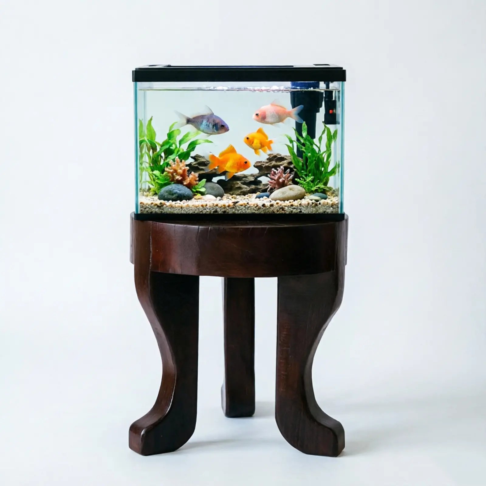Solid Wood Aquarium Stand, Sturdy Round Fish Tank Base, Dark Brown，No assembly required, supports up to 220 lbs, curved legs, non-slip pads