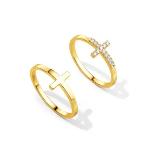 Moodear Dainty 2Pcs Cross Ring Set - Thin Stackable Thumb Non Tarnish CZ Rings for Women Trendy Jewelry Size 5-10 for Easter Gifts