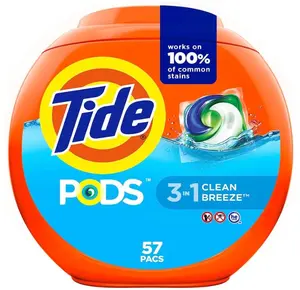 Tide PODS laundry detergent pacs, 3-in-1 Stain Remover, Odor Fighter, Color Protector, 57 Count, HE compatible, Clean Breeze Scent