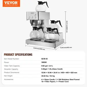 VEVOR Commercial Drip Coffee Maker, 12 Cups Coffee-Maker Machine with 4 Glass Carafes and 4 Decanter Warmer Plates, Stainless Steel Drip Style Coffee Brewer, for Restaurant, Office, Coffee Shop Home