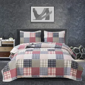 Plaid King Size Bedspread Coverlet Quilt Set - Boys/Mens Red, Blue, White Plaid - Lightweight, Reversible, Soft Microfibers - All Season