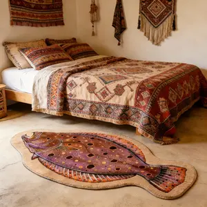 Bohemian Colorful Fish Shape Carpet Mat, Soft Washable Rug for Living Room Bedroom, Home Decor, Artistic Atmosphere, Easy Care
