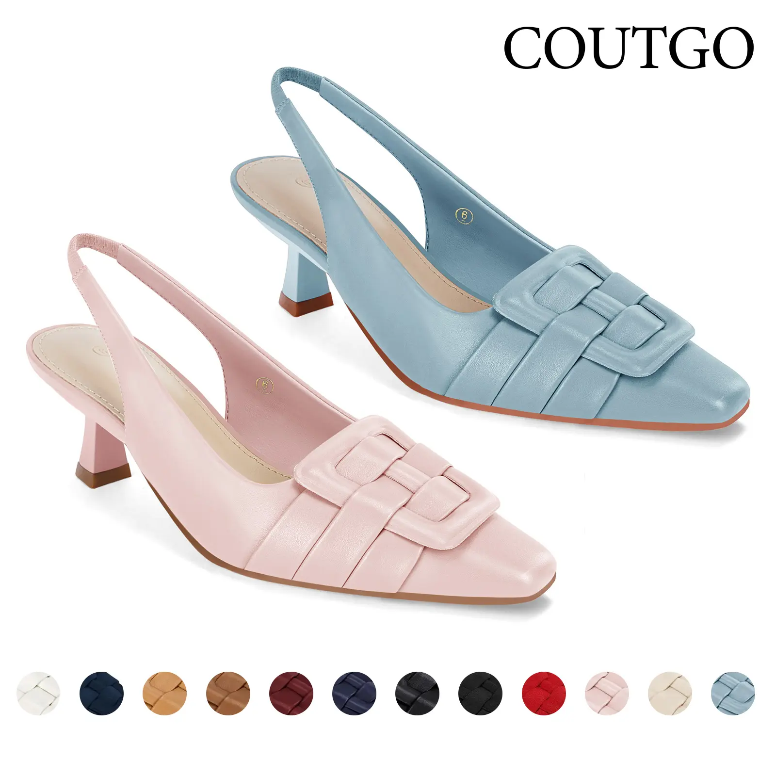 Coutgo Women's Black PU Pointed-Toe Slingback Kitten Heel Pumps - Low, Comfortable Fashionable Footwear, All Seasons Shoes for Office, Party