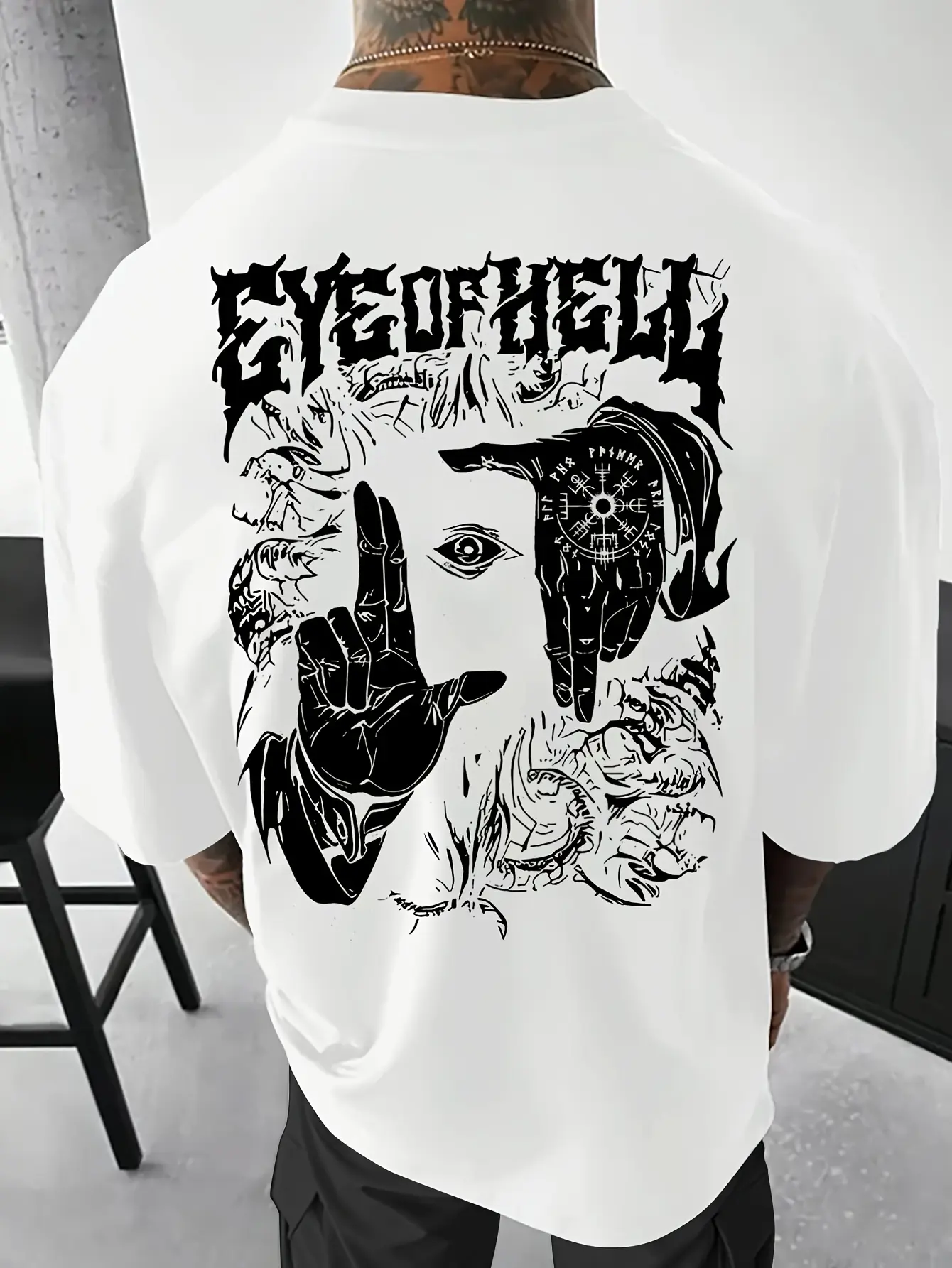 Men's Gothic Street Style T-Shirt - Hell's Eye Graphic Print, Breathable and Comfortable, Slightly Dropped Shoulder Fit, Crew Neck T-Shirt, Men's T-Shirt, Crew Neck T-Shirt