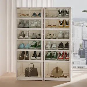 6 Tier Foldable Shoes Boxes With Transparent Door, Dustproof Integrated Shoes Storage Box, Multi-layer Shoe Cabinet, Collapsible Shoe Racks Shelf Stackable Clear Folding Shoes Storage Boxes For Small Spaces Narrow Shoe Shoe Rack Shoe Cabinets