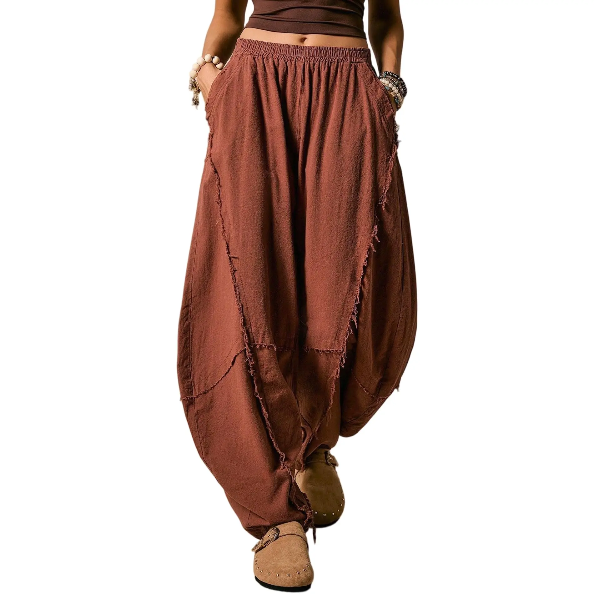 Hixiaohe Women's Chic Bell-Bottom Pants - Wide-Leg Palace-Style Casual Pants with Pockets, Summer Bohemian Flowy Beach Trousers