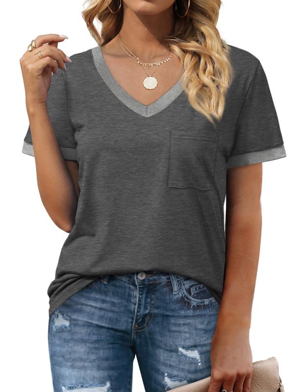OFEEFAN Womens T Shirts Short Sleeve V Neck Loose Casual Summer Tops with Pocket Womenswear Vneck