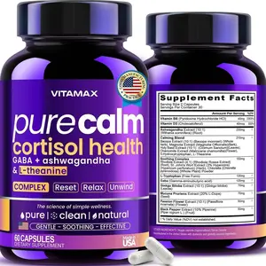 Vitamax Pure Calm Cortisol Supplements for Women - L Theanine, Ashwagandha, GABA for Relaxation, Mood & Stress Support with Ginkgo Biloba, Bacopa Monnieri, 5-HTP – Non-GMO, Made in USA – 60ct