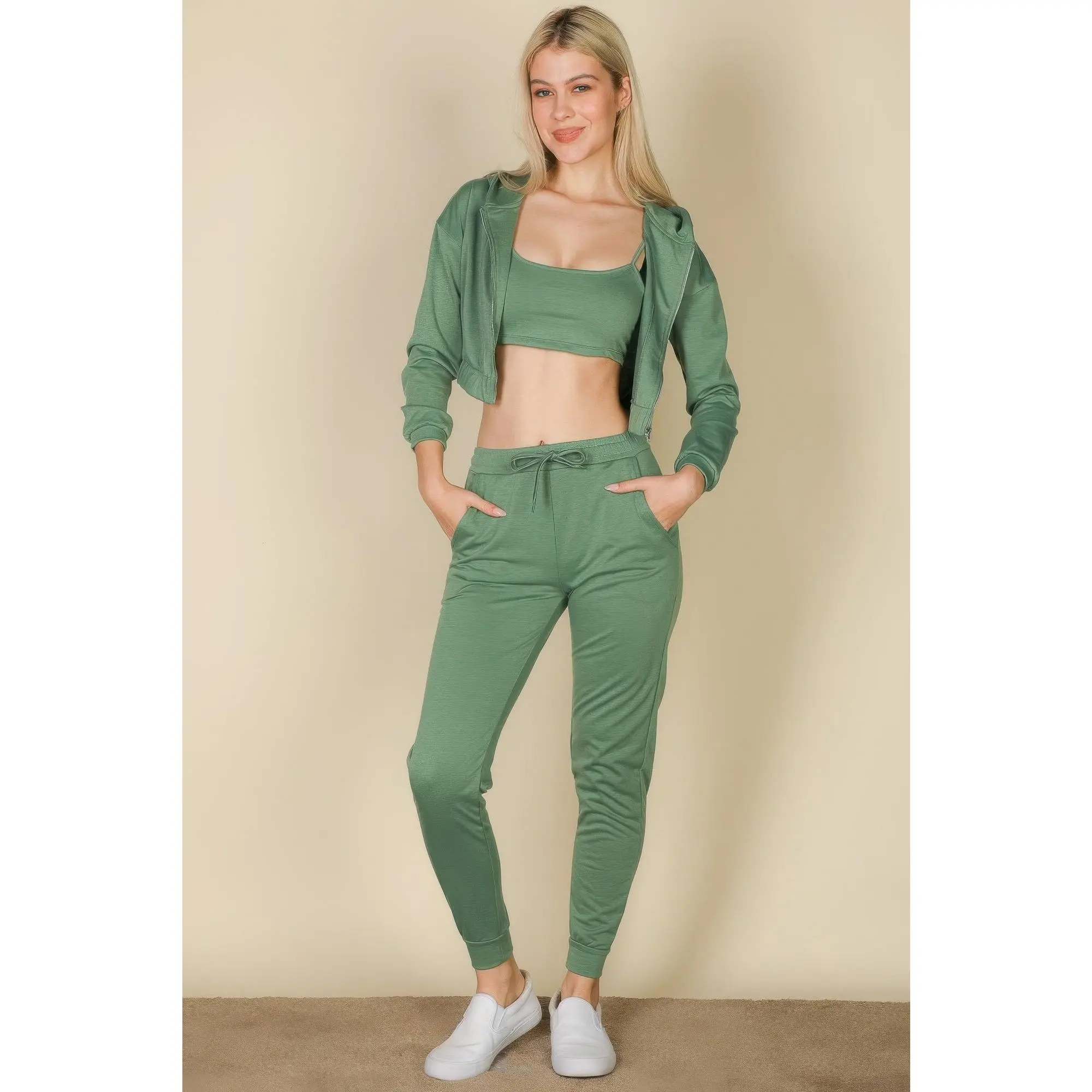 French Terry Cropped Cami With Zip-up Jacket And Joggers Set