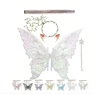 Adult & Girl Fairy Wings Costume Set, Includes Wreath, Rhinestone Hair Accessories, Magic Wand, Elf Ears, Organza Butterfly Wings
