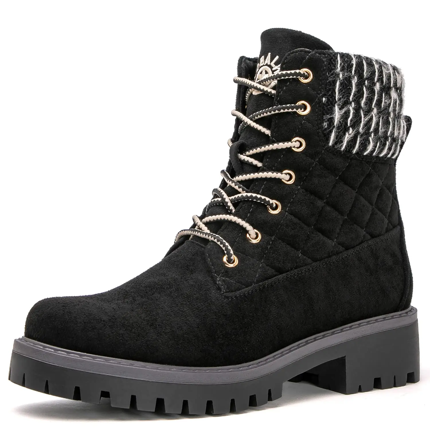 GLOBALWIN Women's Stylish Quilted Knit Lace-Up Low Heel Warm Fur Ankle Booties, Fashion Combat Footwear for Women