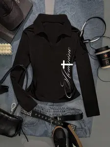 Women's Y2K Gothic Polo Neck Long Sleeve Top, Slim Fit Fitted Base Layer Shirt, Fall & Winter Fashion Casual, Print Design
