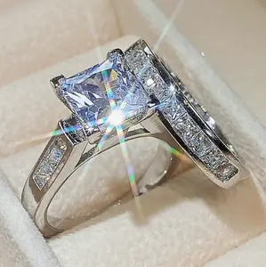 Two-Piece Square Ring Set for Women Princess Cut Deluxe CZ Ring Ideal for Engagement Wedding Personal Statement Jewelry or Gift Micro Pave Cubic Zirconia Stones Cubic Zirconia