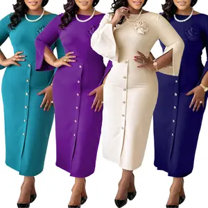 Spring Summer Clothes Latest Trendy Women Elegant Classy Church Dresses Slit Sleeve African Dress Office Ladies Work Formal Events Gown with Flower