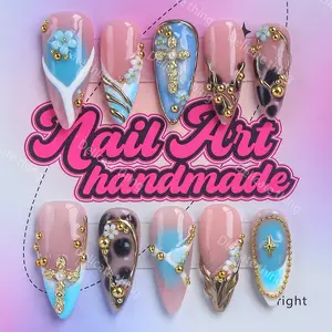 Delicatething Y2K Style Long Sharp Nails, Handmade Wearable Nail Set, 4 Sizes XS S M L, Beads, French Design, Perfect Gift for Women